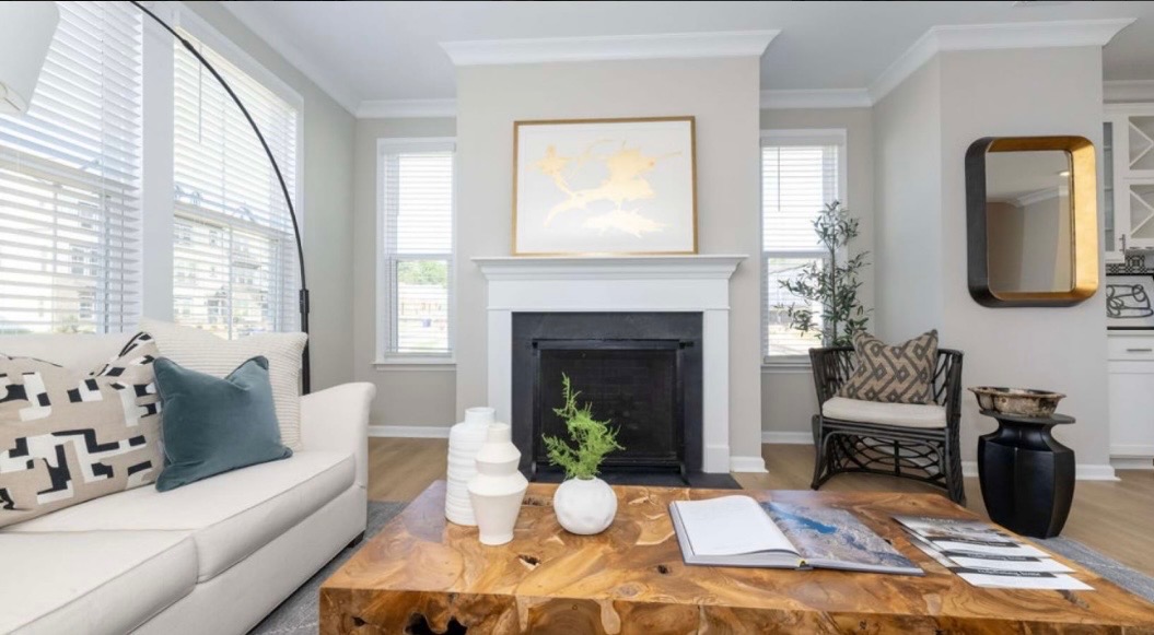 Living room with fireplace and live-edge coffee table
