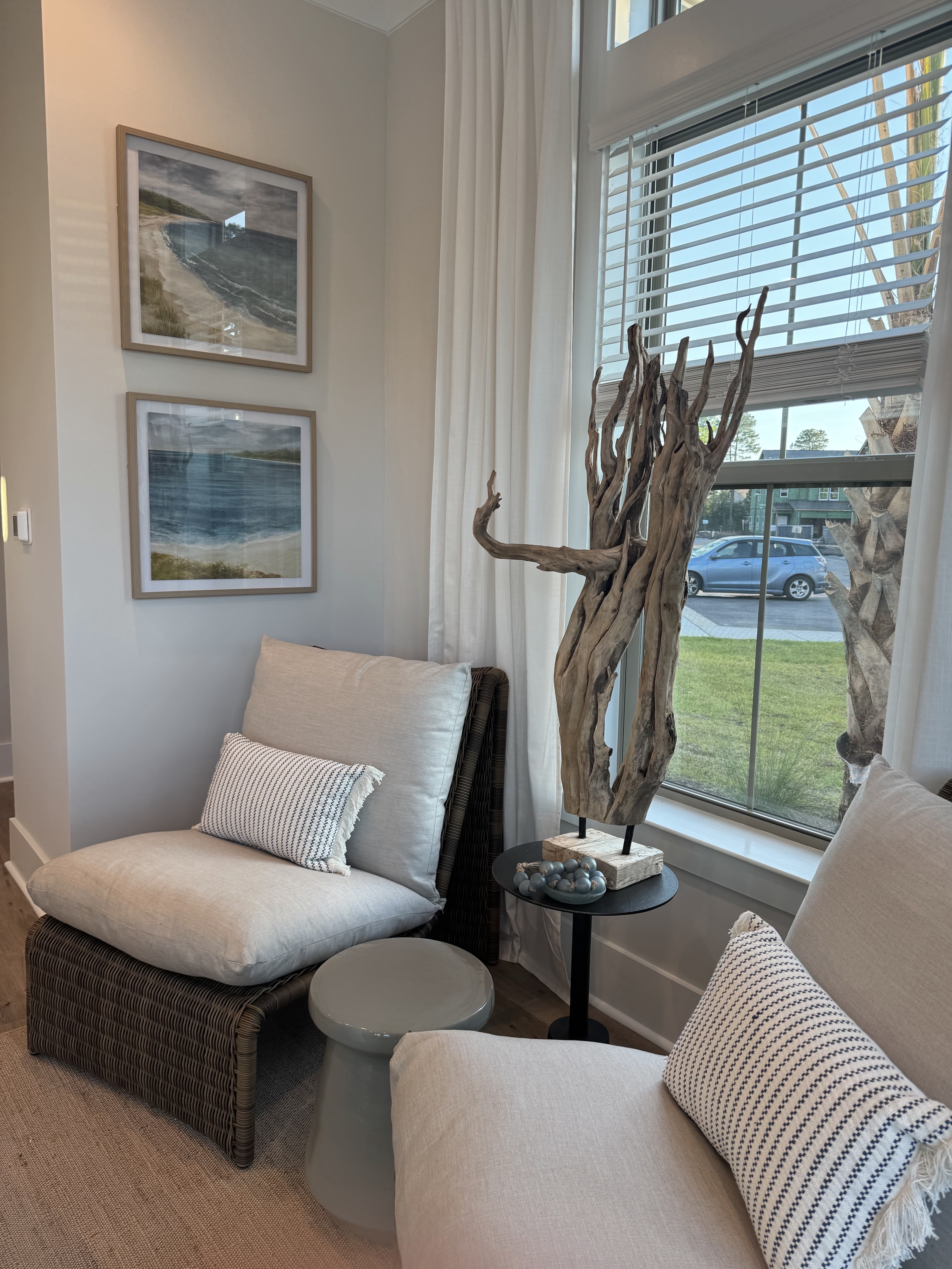Coastal sitting nook with driftwood sculpture